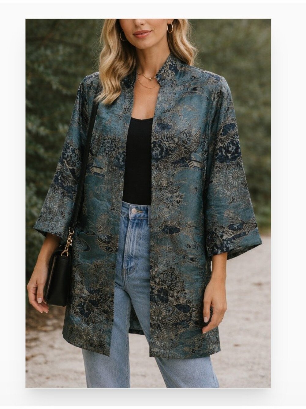 Citron Santa Monica Kimono Jacket Womens Large Blue Floral Bird Print Satin